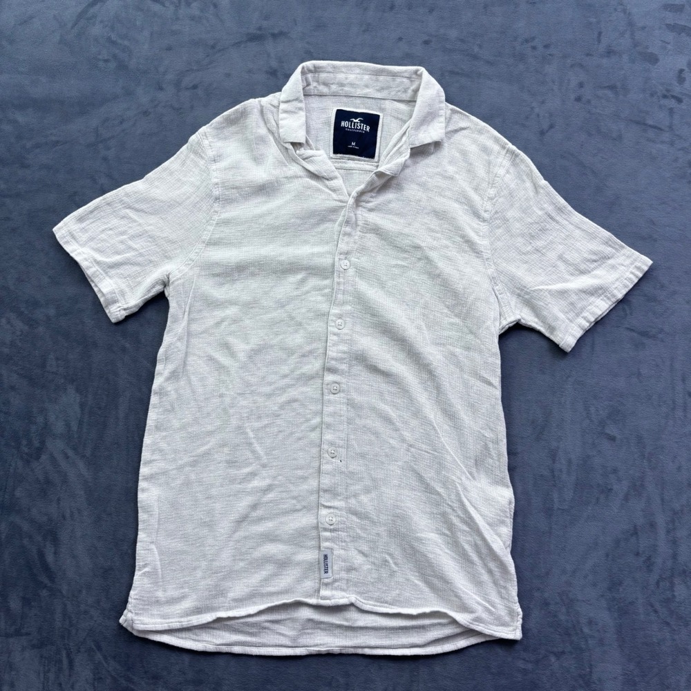 Hollister Mens Short Sleeve Button Down Shirt Cream Textured Size M